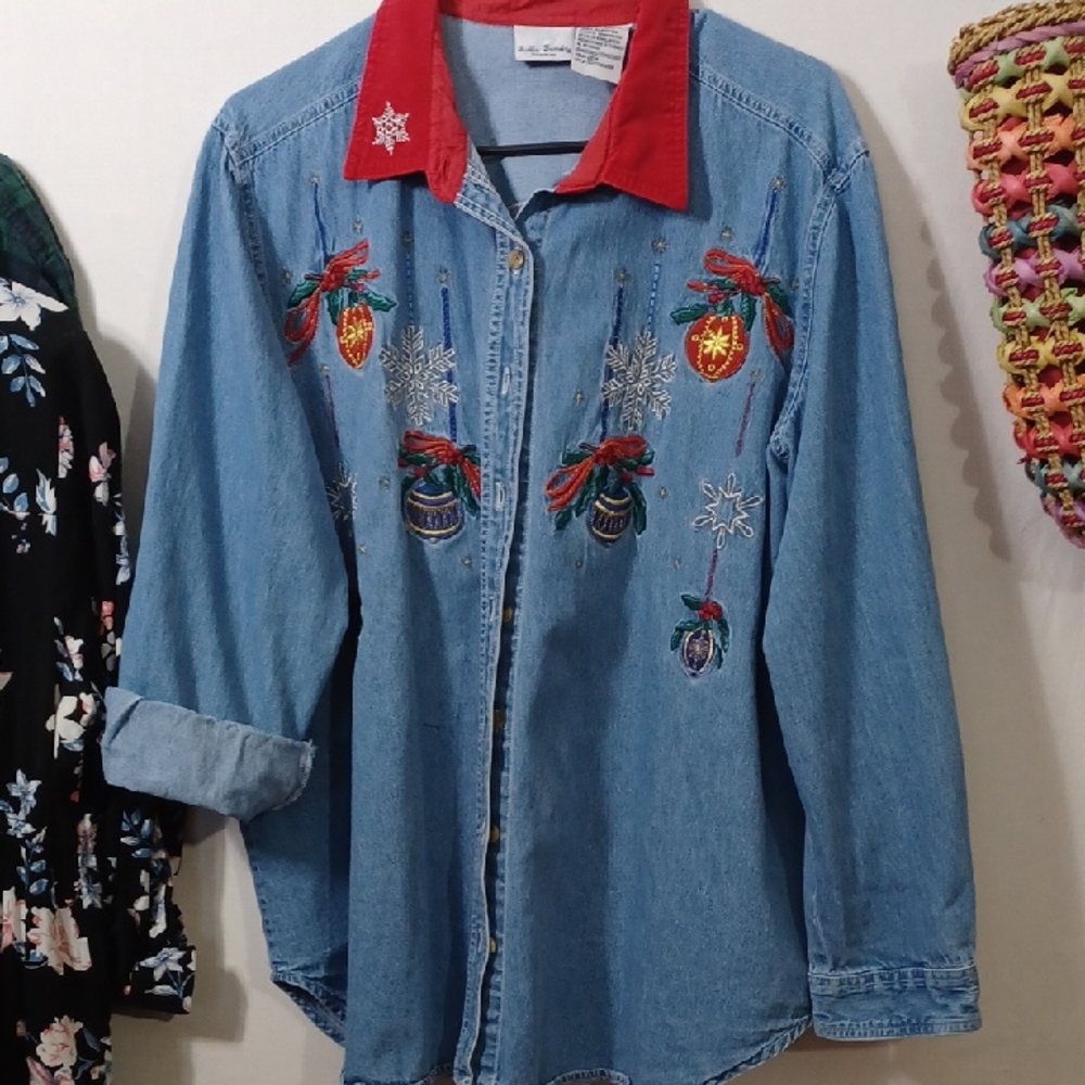 Embroidered Denim Shirt with Red Collar